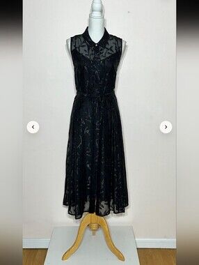 Calvin Klein Black Chiffon with Leaf Print Sleeveless Black Sheer Midi Dress